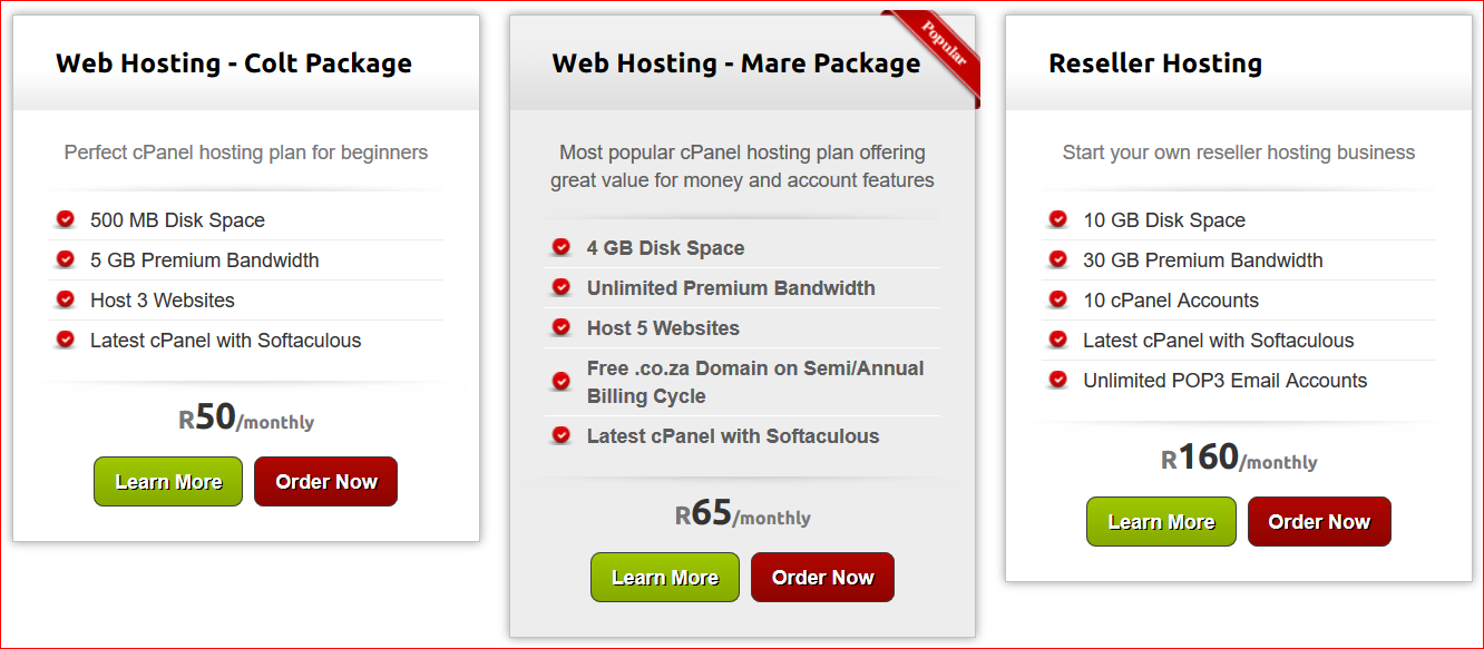 South African Web Hosting Packages